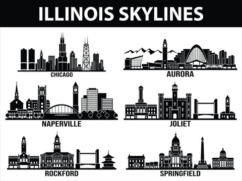Black city skylines of Illinois urban areas