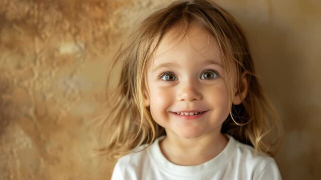 Happy little girl in white shirt smiling against beige wall, joyful childhood moment, cheerful kid portrait, family happiness.