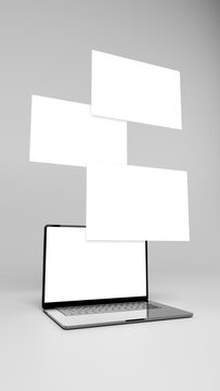 Four laptop screens for mockup. Floating displays in vertical perspective. Blank template for place your web page design, posts, stories. Ready for mock up. 3D Rendering High resolution 8k.