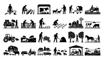 Farming Icon Set Vector Black Agriculture Farm Tractor Barn Animal Silhouette Collection Illustration for Rural Design © Begum