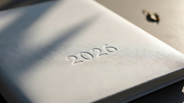 2026 minimalist white planner with embossed year, elegant linen texture diary for business scheduling, clean aesthetic calendar notebook