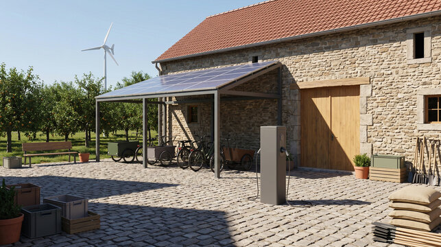 Farm yard microgrid featuring solar canopy and community EV charging