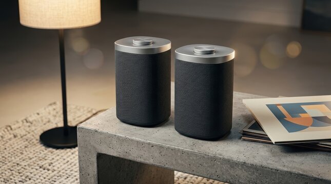 A close product-style view of a cylindrical speaker pair on a concrete side table, beside a vinyl record sleeve, floor lamp, and woven rug, highlighting twin-unit placement, textured grille fabric