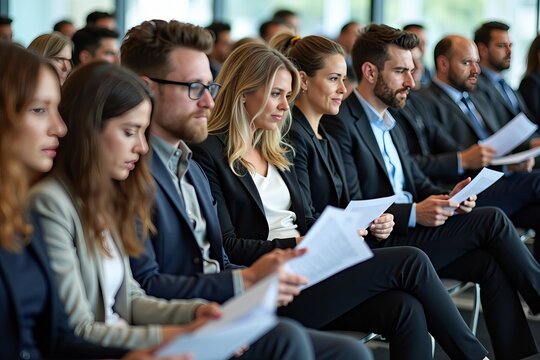 Anxious Job Applicants Clutching Resumes Await Interviews in Crowded Office Waiting Room