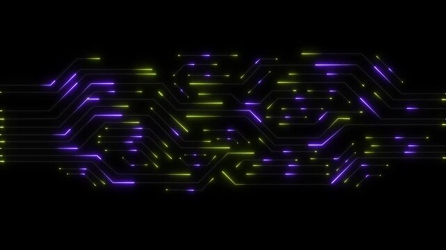 Purple and Yellow Neon Circuit Animation with Digital Technology Grid and Glowing Data Connections on Black Background 4k visuals