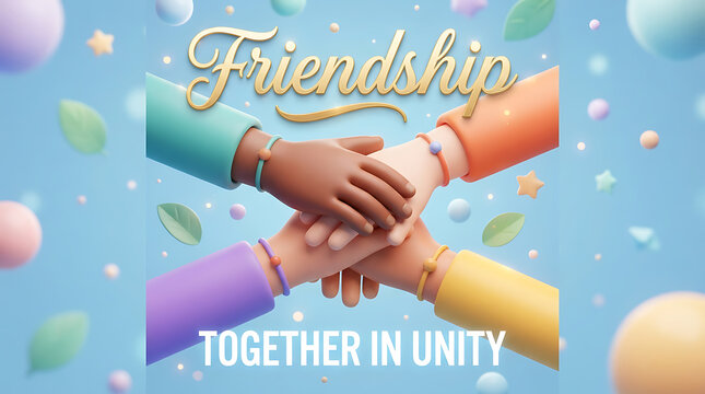 Friendship together in unity concept 3D hands stacked together with friendship