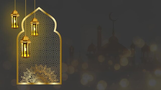 An Islamic-style background template featuring empty space, a gray color scheme, and gold ornaments; suitable for Ramadan and Eid al-Fitr. Video template 4K.