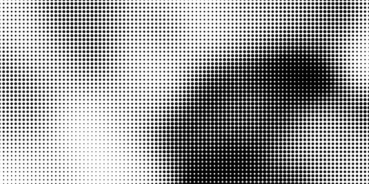 Dotted halftone texture background. Black and white pop art gradient overlay. Fading grunge gritty noise wallpaper. Weathered pixelated comic backdrop. Vector bitmap subtle vanishing surface