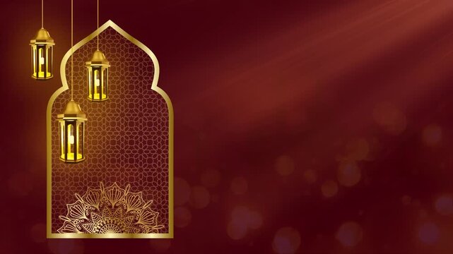 A minimalist and elegant Islamic background template featuring a window concept and hanging lamp ornaments.