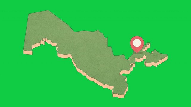 Animated Green Uzbekistan Map with Bouncing Location Marker on Tashkent City, Transparent Background, Alpha Channel, 4K resolution