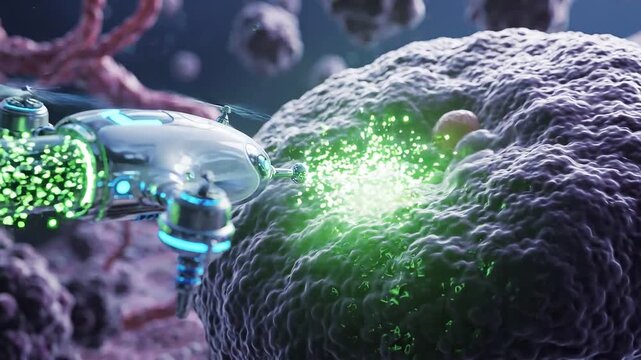 Nanorobot attacks cancer cell cluster with glowing particles, moving through tissue and releasing bright green energy around malignant cells in microscopic medical concept illustration