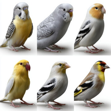 Side view of colorful bird parrot finch canary goldfinch zebra finch all alive high detail white background