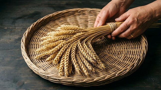 Hands arranging wheat in a wicker basket on a rustic surface