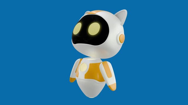 A 3D white and orange robotic looking to upper left while gently floating against a solid blue background.