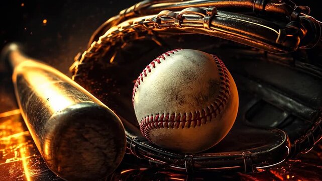 Baseball bat, ball and glove with neon light