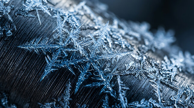 Microscopic Frost Crystals on Brushed Titanium Surface