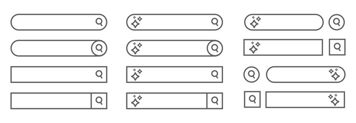 A collection of outlined search bar user interface elements, including input fields with magnifying glass icons and AI magic star symbols for web and app design. © Design 26BD