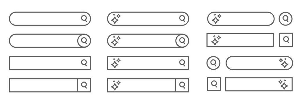 A collection of outlined search bar user interface elements, including input fields with magnifying glass icons and AI magic star symbols for web and app design.