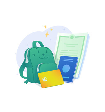 Cute kids green backpack with documents and bank card vector illustration. Child travel passport, student insurance certificate, youth banking and allowance concept.