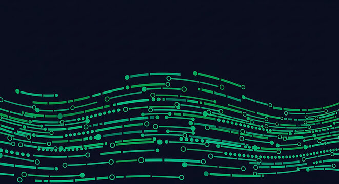 Abstract digital data stream wave formed by glowing green code and binary nodes with technology abstract information internet connection particle programming computing background electronic