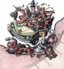 Car out of control, with investors, investment gurus, and house flippers © Lisa Haney