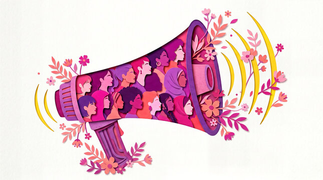 Vibrant megaphone with diverse women's faces and floral pattern illustration