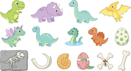 Cute Dinosaur Cartoon Character Vector Set with Tyrannosaurus Rex Triceratops Brachiosaurus Pterodactyl Fossil Eggs and Bones Clipart for Kids Design © Rownok
