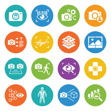 Colorful circular icons set featuring cameras, eyes, gears, and various symbols for UI design and graphics.