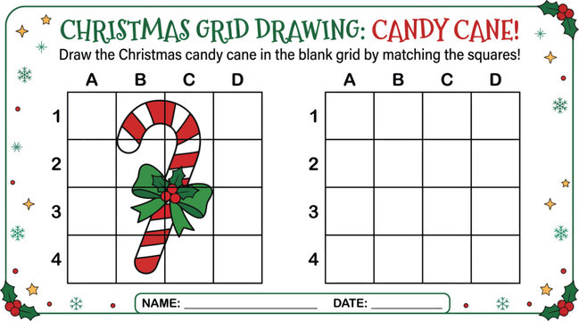 Christmas candy cane grid drawing activity for children with blank squares and instructions