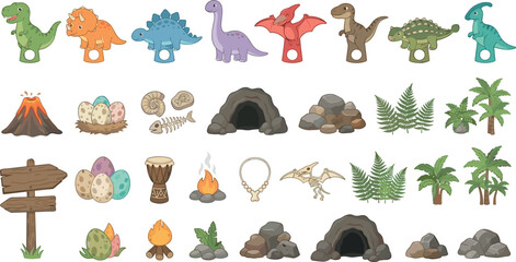 Cute Cartoon Prehistoric Dinosaur Vector Set Featuring Tyrannosaurus Rex, Triceratops, Brachiosaurus, Volcano, Fossils, Caves, Eggs, and Primitive Jungle Nature Elements © Monirul