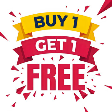 Buy one get one free promotion sign with colorful ribbons and text