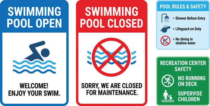 Collection of swimming pool safety and operational signs with clear warnings and instructions