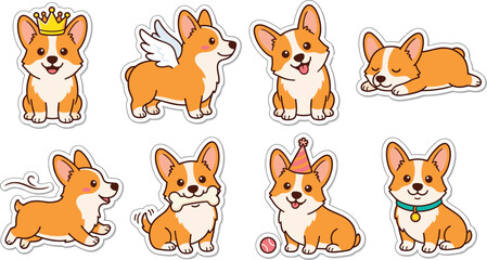 Obraz premium Cute Corgi Dog Sticker Vector Set with Cartoon Puppy Characters in Various Poses Sleeping Running Sitting Wearing Crown and Birthday Hat