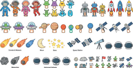 Cute Cartoon Space Outer Exploration Icon Set Featuring Astronauts, Aliens, Rockets, UFOs, Planets, Satellites, Meteors, Spacecraft, and Whimsical Galaxy Vector Elements © Monirul