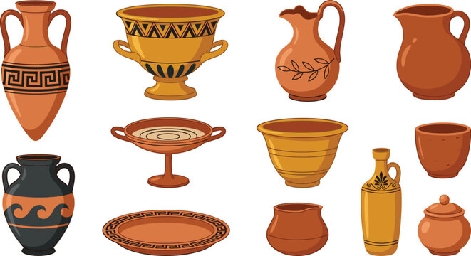 Ancient Greek Pottery Vase Vector Set with Antique Amphora Krater Kylix Jugs Plates and Terracotta Clay Urn Icons for History Design
