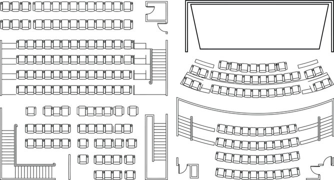 auditorium seating cad block library, top view, lecture hall rows, curved and straight seating layouts for theaters, cinemas, conference hall, floor plans