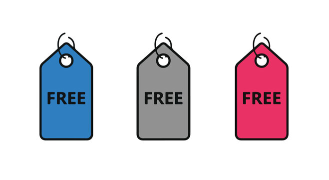 Three colorful price tags marked FREE in blue, gray, and pink with loops.