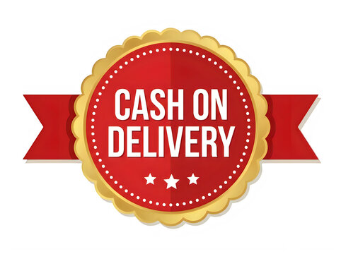 Red and gold cash on delivery badge isolated on white background
