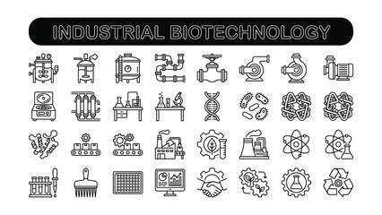 Industrial biotechnology concepts and processes illustrated through various icons and symbols on white background © Innovation Galary