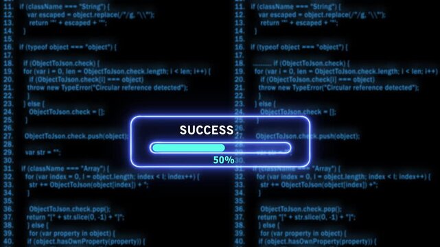 Dynamic digital progress bar loading success animation overlaid on scrolling software source code background, for high-tech programming, cyber security, data, processing, and modern, web development