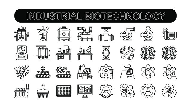 Industrial biotechnology concepts and processes illustrated through various icons and symbols on white background