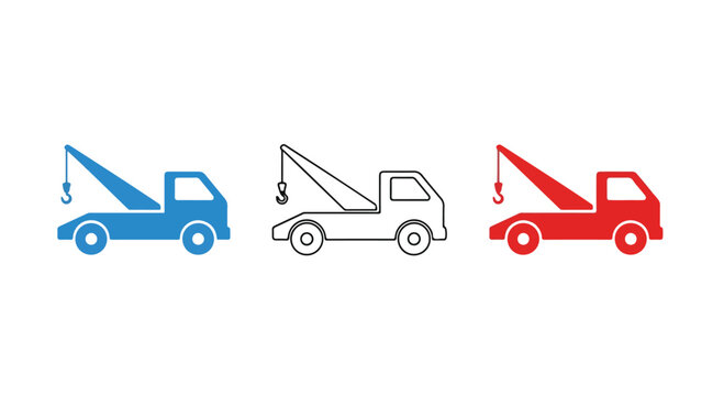 Set of three colored tow trucks vector icons illustrating transport vehicles.
