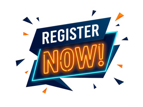 Register now blue and orange neon sign isolated on white background