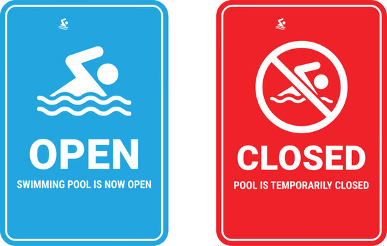 Open and Closed swimming pool signs with icons in blue and red during daylight
