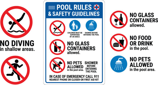 Pool safety signs with rules for no diving no glass and no pets in bright daylight
