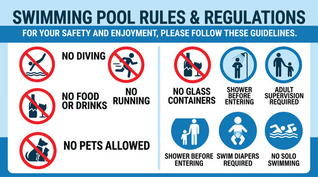 Swimming pool rules and regulations graphic with safety icons and text for public safety and enjoyment