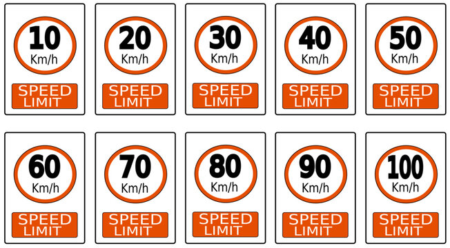 Traffic Speed Limit Road Signs Set 10 to 100 km/h Vector Collection