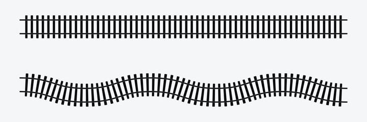 Set of railroad segment. rail road elements top view. train track straight and wavy lines, circle and oval frames isolated on white background. fence or stairs texture. vector graphic illustration .  © Micro  Vector Market