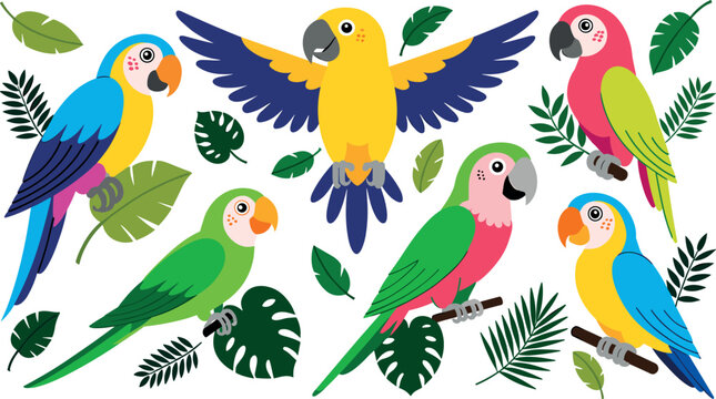 Cute cartoon tropical parrots and jungle leaves vector illustration set with colorful exotic birds isolated on white background