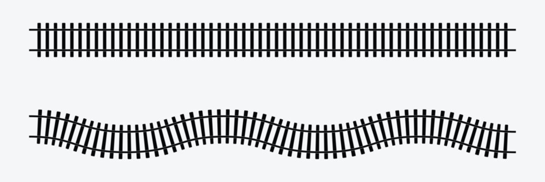 Set of railroad segment. rail road elements top view. train track straight and wavy lines, circle and oval frames isolated on white background. fence or stairs texture. vector graphic illustration . 